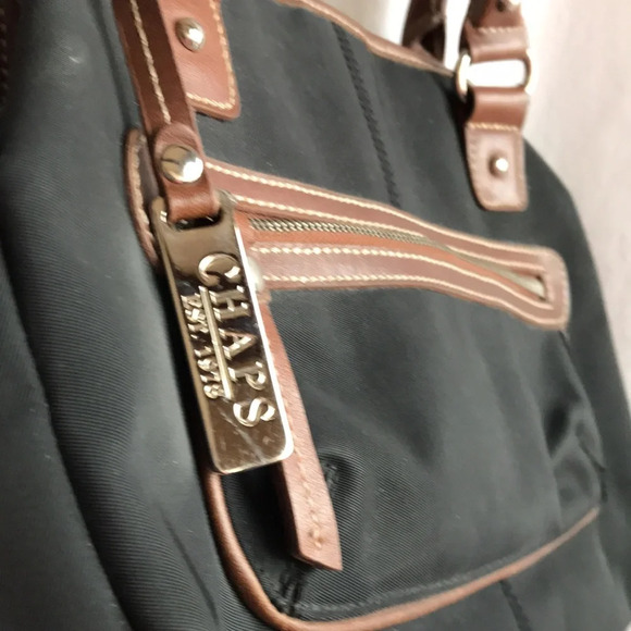 Chaps black nylon bag with brown trim, silver-tone hardware - Picture 3 of 7